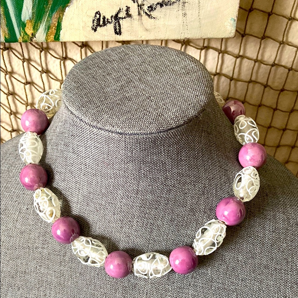 Vintage Artisan Lace Lamp-work Glass Beaded Choker Necklace + Earrings Set